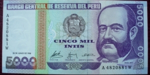 Banco Central de Reserva del Perú |
5,000 Intis |

Obverse: Miguel María Grau Seminario (1834-1879) and National Coat of Arms |
Reverse: Fisherman and Boats |
Watermark: Miguel Grau Banknote