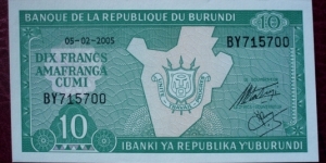 Ibanki ya Republika Y’Uburundi/Banque de la République du Burundi |
10 Francs |

Obverse: Map outlined with arms of Burundi |
Reverse: Motto in French and Kirundi Banknote