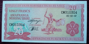 Ibanki ya Republika Y’Uburundi/Banque de la République du Burundi |
20 Francs |

Obverse: African dancer |
Reverse: National coat of arms Banknote