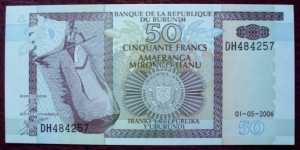 Ibanki ya Republika Y’Uburundi/Banque de la République du Burundi |
50 Francs |

Obverse: A man in a canoe and Coat of arms |
Reverse: Four boys with a boat and Hippopotamus Banknote