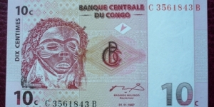 Banque Centrale du Congo |
10 Centimes |

Obverse: Pende mask |
Reverse: Pende dancers |
Watermark: Head of an Okapi Banknote