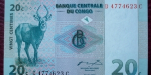 Banque Centrale du Congo |
20 Centimes |

Obverse: Antelope in Upemba National Park |
Reverse: Savannah with antelope family in Upemba National Park |
Watermark: Head of an Okapi Banknote