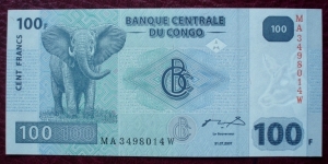 Banque Centrale du Congo |
100 Francs |

Obverse: Elephant in Virunga National Park |
Reverse: Inga dam |
Watermark: Head of an Okapi Banknote