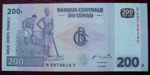 Banque Centrale du Congo |
200 Francs |

Obverse: Agriculture |
Reverse: Gong telegraphe |
Watermark: Head of an Okapi Banknote