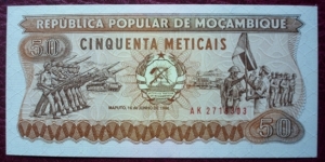 Banco de Moçambique |
50 Meticais |

Obverse: Soldiers |
Reverse: A ceremony
 Banknote