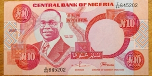 Central Bank of Nigeria |
10 Náírà/Naịra |

Obverse: Dr. Alvan Ikoku (1900-1971) |
Reverse: Fulani milk maids |
Watermark: Heraldic African eagle Banknote