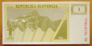 Banka Slovenije |
1 Tolar |

Obverse: Triglav mountain ridge |
Reverse: Pedimated bee-hive |
Watermark: Repeated crosses Banknote