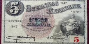 Sveriges Riksbank |
5 Kronor |

Obverse: The seated Mother Svea |
Reverse: King Gustav Vasa (1496-1560) |
Watermark: In the lower left corner a Mercury head in an oval frame Banknote