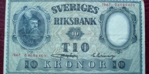 Sveriges Riksbank |
10 Kronor |

Obverse: King Gustav Vasa (1496-1560) |
Reverse: The Swedish Small Coat of Arms |
Watermark: Gustav Vasa Banknote