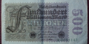 Reichsbank |
500,000,000 Papiermark |

Obverse: Denomination |
Reverse: Blank Banknote