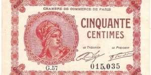 50 Centimes(local note-Paris 1920) Banknote
