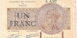 1 Franc(local note-Paris 1922) Banknote