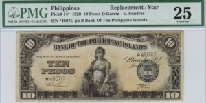p14* 1920 10 Peso Star/Replacement (PMG Very Fine 25) Banknote