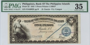 p22 5 Peso BPI Note (PMG Choice Very Fine 35) Banknote