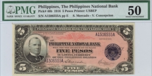 p46b 1916 5 Peso PNB Circulating Note (PMG AU 50) Banknote