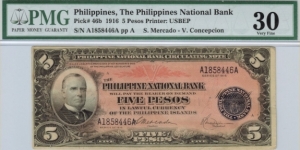 p46b 1916 5 Peso PNB Circulating Note (PMG Very Fine 30 - Discoloration) Banknote