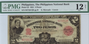 p52 1921 2 Peso PNB Circulating Note (PMG Fine 12) Banknote