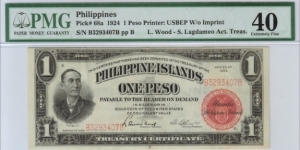 p68a 1924 1 Peso Treasury Certificate (PMG Extremely Fine 40) Banknote