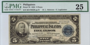 p70 1924 5 Peso Philippine Islands Treasury Certificate (PMG Very Fine 25) Banknote