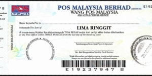 Kuala Lumpur 2010 5 Ringgit postal order. Banknote