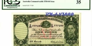 COMMONWEALTH OF AUSTRALIA 1938 KG $1 PCGS35 VF(sold 19may2011) Banknote