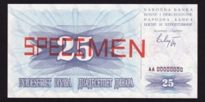 Bosnia 1993 P-11s 25 Dinara Banknote