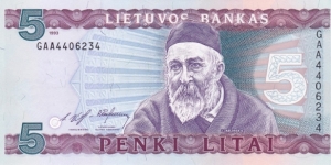 Lithuania P55a (5 litai 1993) Banknote