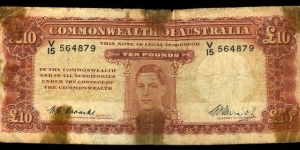 1949 Ten Pound note. Well circulated & in poor condition. Banknote