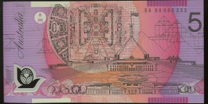 1996 Five Dollar polymer note in UNC. First Prefix BA96 000333 low number & semi solid (SCARCE) Banknote