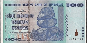Zimbabwe 2008 100 Trillion Dollars.

The world record breaker - for the most zeroes actually depicted on a banknote. Banknote