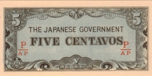 PI-103 Philippine 5 centavos note under Japan rule, fractional block letters P/AP Banknote