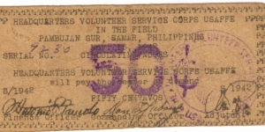 SMR-634 RARE Pambujan Sur, Samar, Philippines Headquarters Volunteer Service Corps Usaffe 50 centavos note. Banknote
