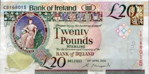 BANK of IRELAND (ULSTER)
20th April 2008
£20 
Group Chief Executive NI S Kirkpatrick
Seated lady, Flax plant image above vertical serial number, Six County shilelds
Old Bushmills Distillery
Watermark Head of Medusa + see through Celtic pattern 
Security thread Banknote