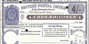 Scotland N.D. 4 Shillings postal order.

Perfinned '7-9' above 'EA'.

Football Pools issue. Banknote