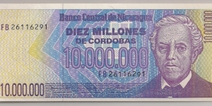 Nicaragua 10 Million Cordobas 1990 P166. Banknote