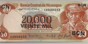 Nicaragua 20000 Cordobas overprint 1987 P147. Banknote