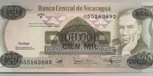 Nicaragua 100000 Cordobas ovpt 1987 P149. Banknote