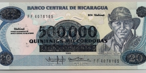 Nicaragua 500000 Cordobas ovpt 1990 P163. Banknote