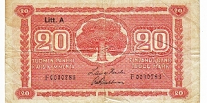20 Markkaa Litt.A Serie F Banknote size 119 X 68mm (inch 4,685 X 2,677) This note is made of 14.8-17.8.1929
 Banknote