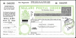Malawi 1987 10 Tambala postal order.

Issued at Chichiri,Blantyre. Banknote