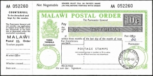 Malawi 1988 10 Tambala postal order.

Issued at Chichiri,Blantyre. Banknote