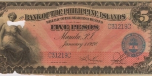 PI-13 Bank of the Philippine Islands 5 Peso note  (bug eaten) Banknote