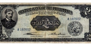 English Issue 2 Peso Rizal Sig1, Axxxxxx Serial# Rare Banknote