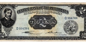 English Issue 2 Peso Rizal Sig1, Dxxxxxx Serial# Rare Banknote