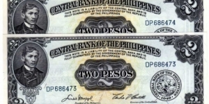 English Issue 2 Peso Rizal Sig 4, 2 Consecutive  Banknote