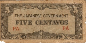 PI-103 Philippine 5 Centavos note under Japan rule, block letters PA. Banknote