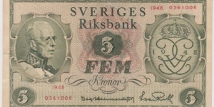 1948 Sweden 5 Kron Banknote