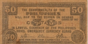 P134e 1 of 2 Bohol 50 centavos notes with same serial numbers. Banknote