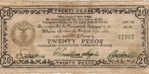 P-499x Mindanao 20 Pesos counterfeit note. Banknote