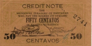 CEB-154 VERY RARE Bantayan, Cebu 50 centavos Credit Note. Banknote